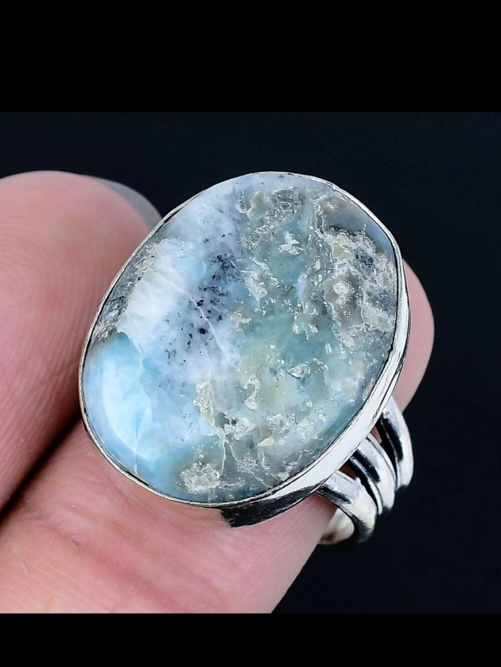 Dominican Larimar Oval Blue-Green Stone Silver Ring 925 Size 8.5